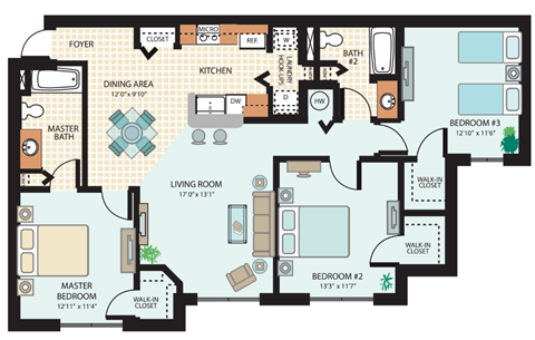Floor plan for 3 beds, 2 baths, 1240 sqft